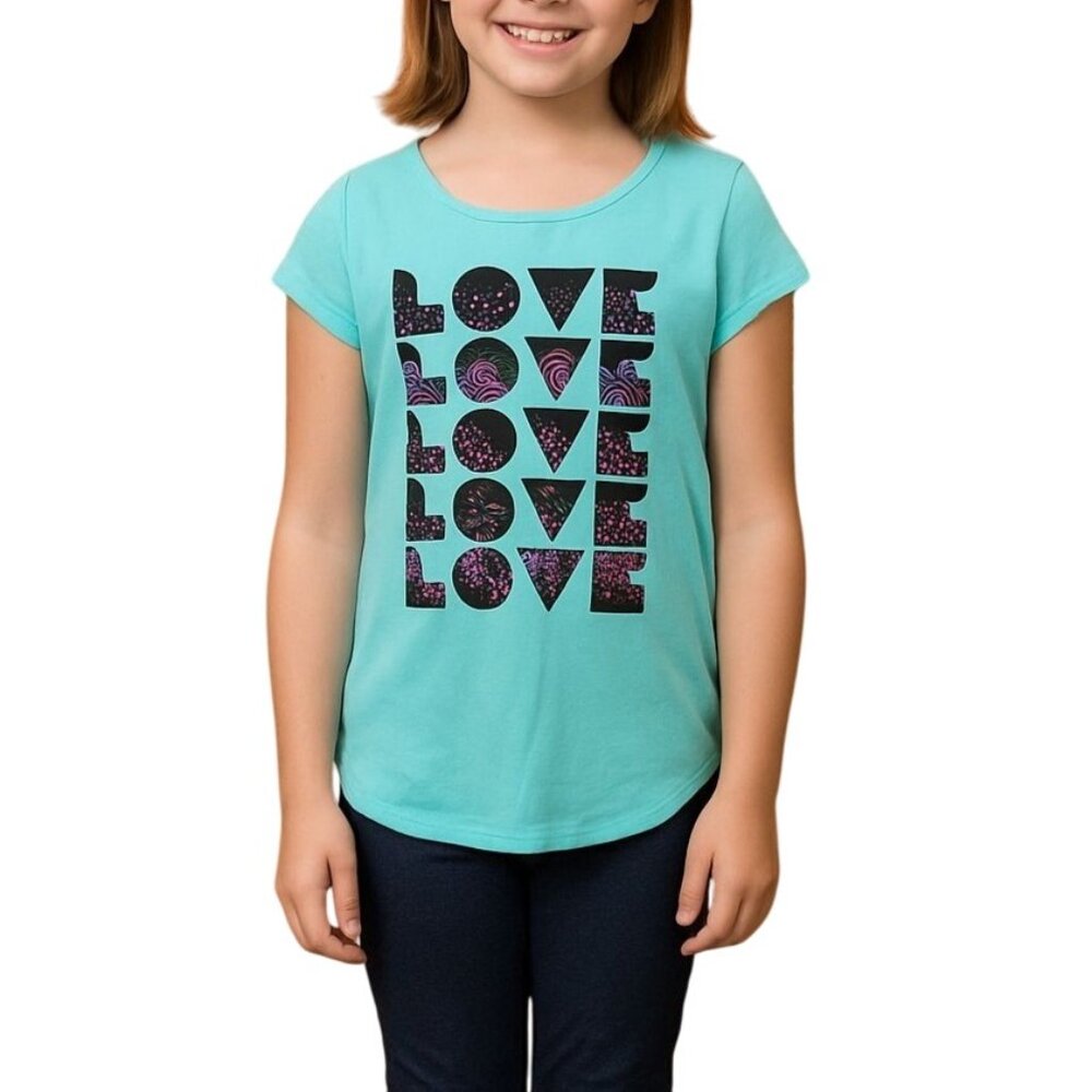 Total Girl "Love" Graphic Top Medium 10/12 Cotton/Poly Blend Aqua Short Sleeve